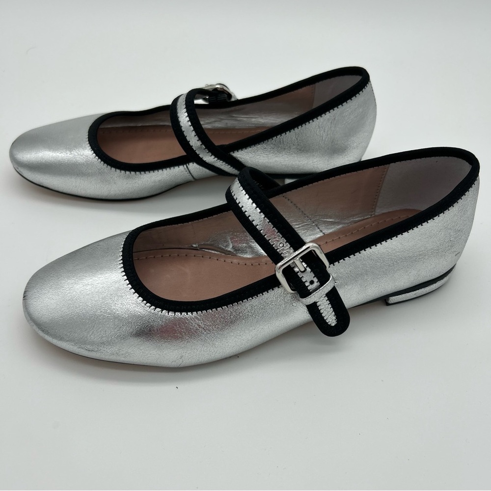 Maeve Anthropologie Mary Jane Silver and Black Trim Flats with Buckle Closure 37 - Picture 2 of 11